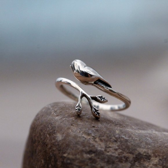 925 Sterling Silver Bird Animal Ring Tree Ring Branch Ring Adjustable Cute Ring - Picture 3 of 7